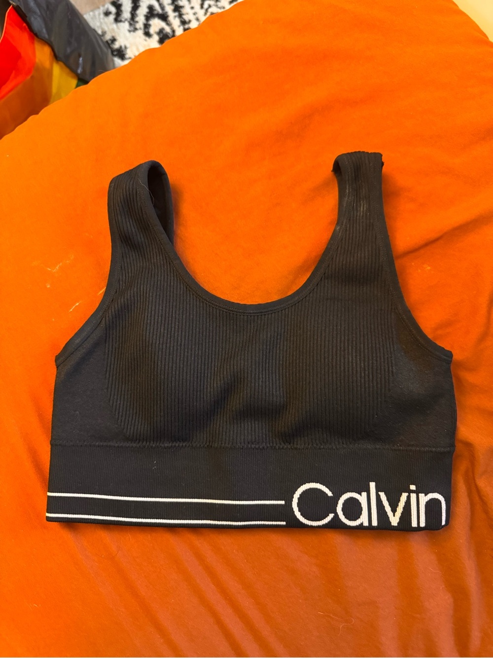 Calvin Klein Black Ribbed Logo Crop Sports Bra